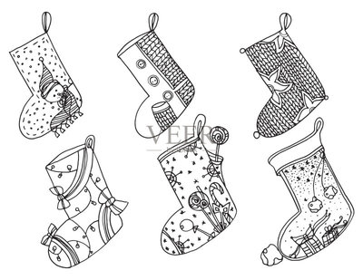 一套圣誕襪。矢量程式化的冬天襪子的集合。一整套裝飾圣誕絲襪。手工繪制的黑色和白色。涂鴉藝術矢量圖素材下載 - Veer圖庫